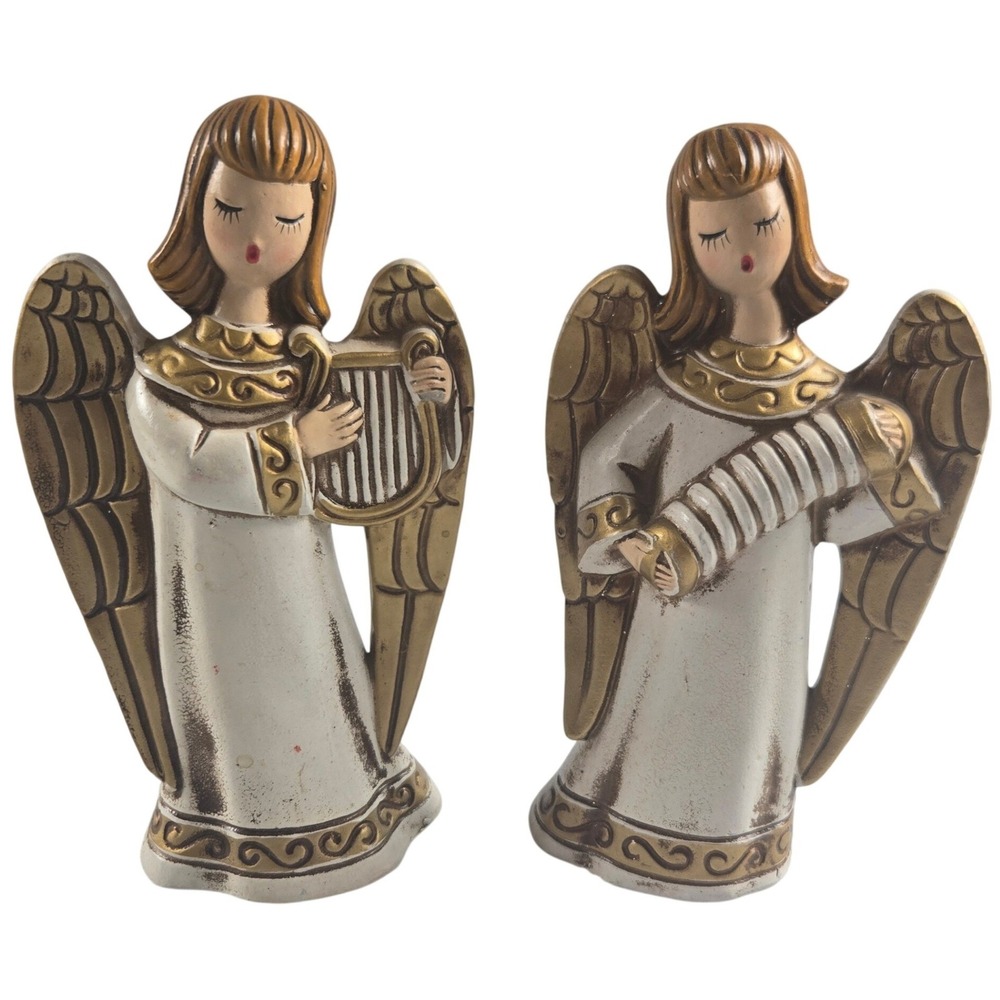 Vintage Japan Angel Figurine Set Lyre Accordion MCM Kitsch Christmas Decor Retro